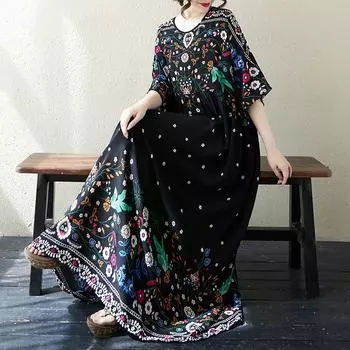 DIMANAF 2025 Летнее платье больших размеров для женщин Повседневное длинное винтажное элегантное платье Свободное базовое платье с цветочным принтом One Size белый