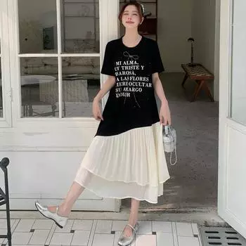 Dimanaf 2025 Летнее платье больших размеров для женщин, свободное, с винтажным принтом, повседневное, базовое, большого размера, сшитое, длинное платье L чёрный