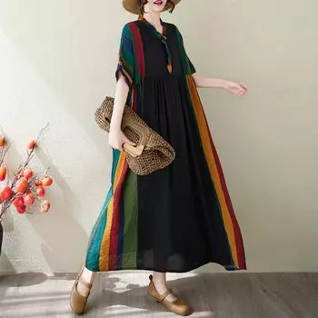 Dimanaf 2025 Летнее платье больших размеров для женщин Повседневное длинное винтажное льняное платье Свободное базовое платье с коротким рукавом One Size чёрный