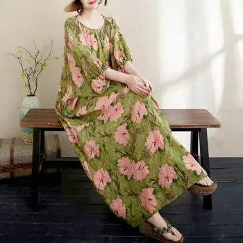 Dimanaf 2025 Летнее платье больших размеров для женщин Повседневное винтажное платье с простым принтом Длинное элегантное свободное платье One Size зелёный