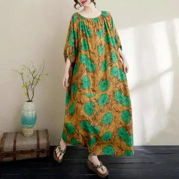Dimanaf 2025 Летнее платье больших размеров для женщин, повседневное, с винтажным цветочным принтом, длинное пляжное элегантное свободное платье One Size зелёный