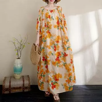 DIMANAF 2025 Летнее платье больших размеров для женщин Повседневное винтажное платье с цветочным принтом Базовое длинное пляжное элегантное свободное платье One Size оранжевый