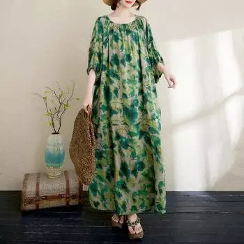 DIMANAF 2025 Летнее платье больших размеров для женщин Повседневное винтажное платье с базовым принтом Длинное пляжное элегантное свободное платье One Size зелёный