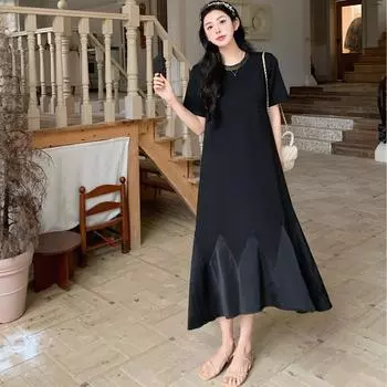 Dimanaf 2025 Летнее платье больших размеров для женщин, повседневное винтажное черное платье, базовое свободное длинное платье с круглым вырезом L чёрный