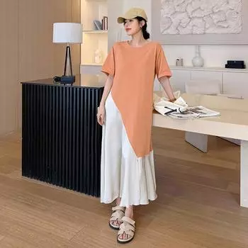 DIMANAF 2025 Летнее платье больших размеров для женщин, повседневное винтажное платье с разрезом, базовое свободное длинное платье из хлопка L оранжевый
