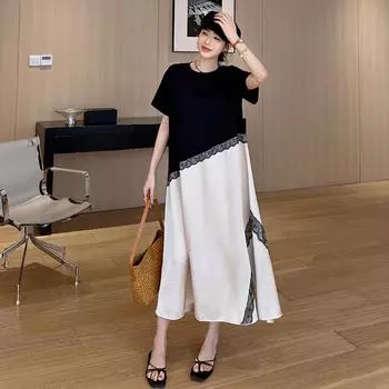 DIMANAF 2025 Летнее платье больших размеров для женщин, кружевное, повседневное, винтажное, базовое, длинное, элегантное, свободного кроя L чёрный