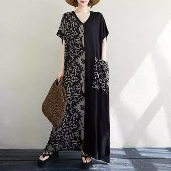 DIMANAF 2025 Летнее платье больших размеров Базовое женское повседневное свободное винтажное новое печатное длинное льняное платье макси One Size серый