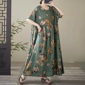 Dimanaf 2025 Летнее платье больших размеров, базовое женское повседневное свободное винтажное платье большого размера с принтом и круглым вырезом, новое длинное платье One Size зелёный