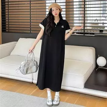 DIMANAF 2025 Летнее платье больших размеров для женщин Повседневное винтажное платье Базовое свободное длинное платье-рубашка с коротким рукавом Хлопок L чёрный