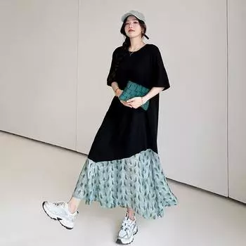 Dimanaf 2025 Летнее платье больших размеров для женщин, повседневное, с цветочным принтом, винтажное длинное платье, базовое, с коротким рукавом, свободное платье макси L чёрный