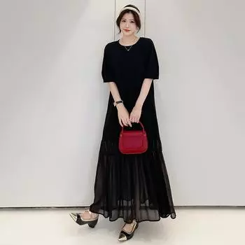 DIMANAF 2025 Летнее платье больших размеров для женщин Повседневное винтажное длинное платье Базовое свободное черное платье с коротким рукавом Макси L чёрный