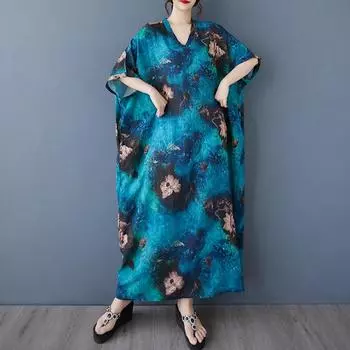 DIMANAF 2025 Летнее платье больших размеров для женщин Повседневное винтажное платье-рубашка с V-образным вырезом Свободное базовое платье с принтом One Size