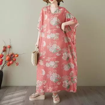 DIMANAF 2025 Летнее платье больших размеров для женщин Повседневное винтажное платье-рубашка с V-образным вырезом Свободное базовое платье с принтом one size красный