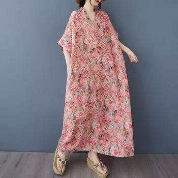 DIMANAF 2025 Летнее платье больших размеров для женщин Повседневное винтажное платье-рубашка с V-образным вырезом Свободное базовое платье с принтом One Size