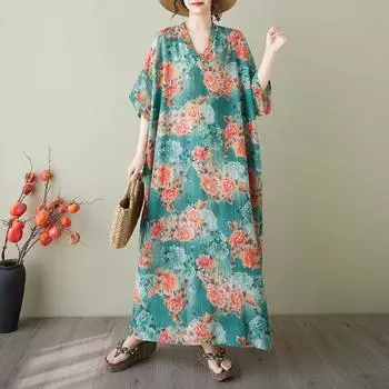 DIMANAF 2025 Летнее платье больших размеров для женщин Повседневное винтажное платье-рубашка с V-образным вырезом Свободное базовое платье с принтом one size