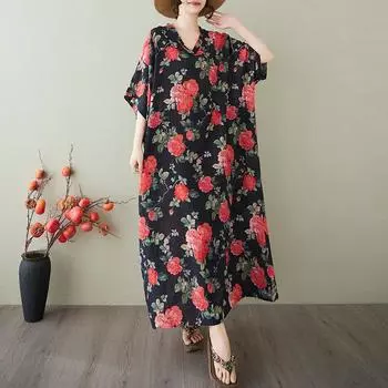 DIMANAF 2025 Летнее платье больших размеров для женщин Повседневное винтажное платье-рубашка с V-образным вырезом Свободное базовое платье с принтом One size
