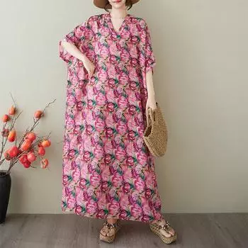 DIMANAF 2025 Летнее платье больших размеров для женщин Повседневное винтажное платье-рубашка с V-образным вырезом Свободное базовое платье с принтом One size