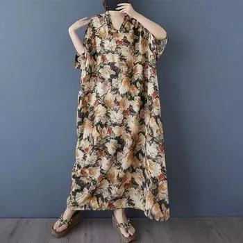 DIMANAF 2025 Летнее платье больших размеров для женщин Повседневное винтажное платье-рубашка с V-образным вырезом Свободное базовое платье с принтом One Size