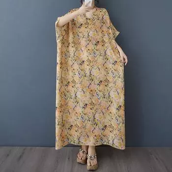 DIMANAF 2025 Летнее платье больших размеров для женщин Повседневное винтажное платье-рубашка с V-образным вырезом Свободное базовое платье с принтом One Size