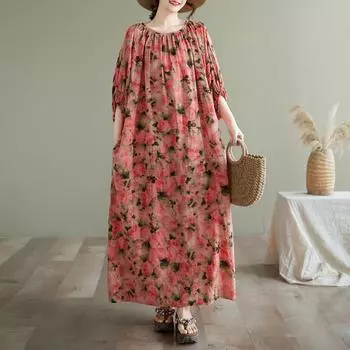 Dimanaf 2025 Летнее платье больших размеров Женское повседневное винтажное цветочное платье с простым принтом Длинное пляжное элегантное свободное платье One Size