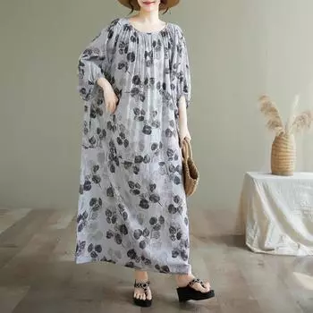 DIMANAF 2025 Летнее платье больших размеров для женщин Повседневное винтажное платье с цветочным принтом Базовое длинное пляжное элегантное свободное платье One Size