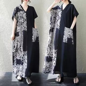 DIMANAF 2025 Летнее платье больших размеров для женщин Повседневное винтажное платье-рубашка с круглым вырезом Свободное базовое платье с принтом One size