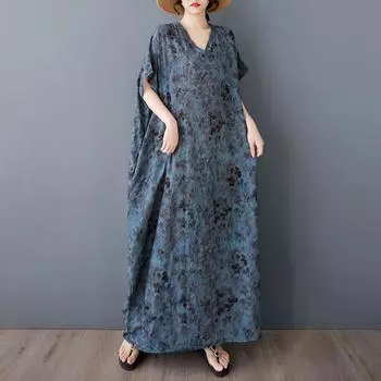 Dimanaf 2025 Летнее платье больших размеров для женщин Повседневное льняное платье Свободное базовое хлопковое винтажное длинное платье макси One Size синий