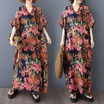 Dimanaf 2025 Летнее платье больших размеров Женское повседневное платье Свободное базовое цветочное длинное макси винтажное льняное платье One Size красный