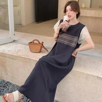 Dimanaf 2025 Летнее платье больших размеров для женщин, свободное, с коротким рукавом, мягкое кружевное, сшитое, повседневное, базовое, большого размера, длинное платье XL темно-синий