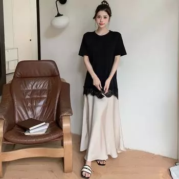 DIMANAF 2025 Летнее платье больших размеров для женщин Свободное винтажное платье с коротким рукавом Мягкое повседневное базовое платье большого размера с длинным рукавом L чёрный