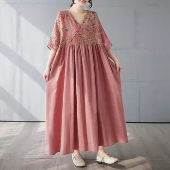 DIMANAF 2025 Летнее платье больших размеров Базовое женское повседневное свободное длинное винтажное новое плиссированное платье с V-образным вырезом Макси One Size розовый