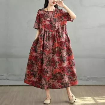 Dimanaf 2025 Летнее платье больших размеров для женщин, повседневное льняное винтажное платье-рубашка, свободное базовое платье с принтом L красный