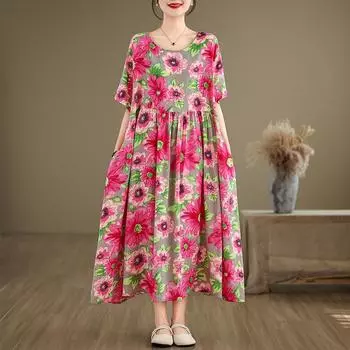 Dimanaf 2025 Летнее платье больших размеров для женщин, повседневное длинное винтажное хлопковое платье, свободное базовое платье с цветочным принтом One Size розовый