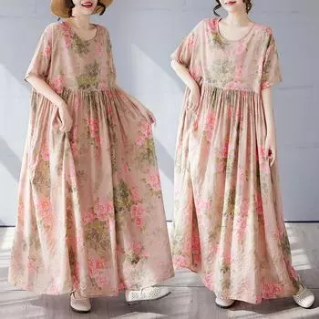 DIMANAF 2025 Летнее платье больших размеров для женщин, винтажное, длинное, повседневное, свободное, с круглым вырезом, базовое платье с цветочным принтом, макси One Size розовый