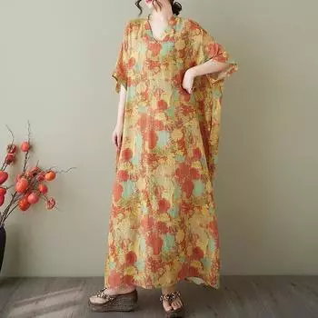 DIMANAF 2025 Летнее платье больших размеров для женщин Повседневное винтажное платье-рубашка с V-образным вырезом Свободное базовое платье с принтом One Size