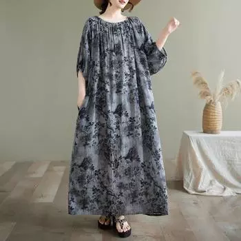 DIMANAF 2025 Летнее платье больших размеров для женщин Повседневное винтажное платье с цветочным принтом Базовое длинное пляжное элегантное свободное платье One Size