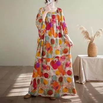 DIMANAF 2025 Летнее платье больших размеров для женщин Повседневное винтажное платье с цветочным принтом Базовое длинное пляжное элегантное свободное платье One Size оранжевый