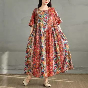 DIMANAF 2025 Летнее платье большого размера Женское повседневное винтажное длинное платье с цветочным принтом Свободное платье-рубашка Макси L