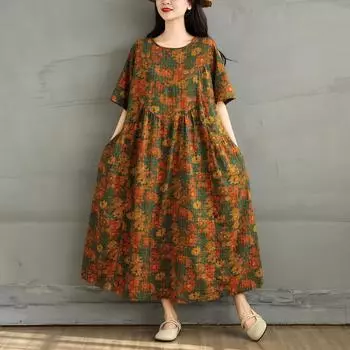 DIMANAF 2025 Летнее платье большого размера Женское повседневное винтажное длинное платье с цветочным принтом Свободное платье-рубашка Макси L