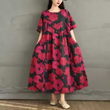 DIMANAF 2025 Летнее платье большого размера Женское повседневное винтажное длинное платье с цветочным принтом Свободное платье-рубашка Макси L красный