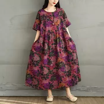 DIMANAF 2025 Летнее платье большого размера Женское повседневное винтажное длинное платье с цветочным принтом Свободное платье-рубашка Макси L фиолетовый