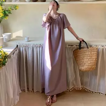 Dimanaf 2025 Летнее Платье Большого Размера Женское Винтажное Платье Базовое Длинное Элегантное Свободное Повседневное Плиссированное Платье L фиолетовый