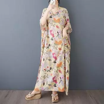 Dimanaf 2025 Летнее женское льняное платье большого размера с цветочным принтом, длинное, с коротким рукавом, винтажное, повседневное, с V-образным вырезом, базовое, свободного кроя One Size жёлтый
