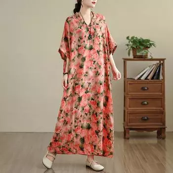 Dimanaf 2025 Летнее женское платье большого размера с принтом, длинное, с коротким рукавом, повседневное, льняное, с V-образным вырезом, базовое, свободное, винтажное платье One Size оранжевый