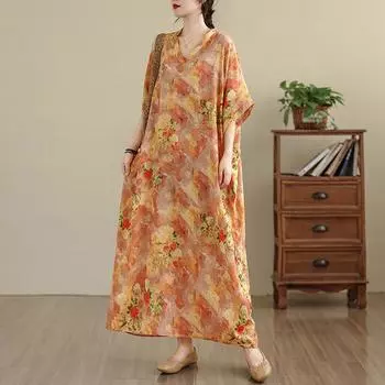 Dimanaf 2025 Летнее женское платье большого размера с принтом, длинное, с коротким рукавом, винтажное, повседневное, льняное, с V-образным вырезом, базовое, свободного кроя One Size оранжевый
