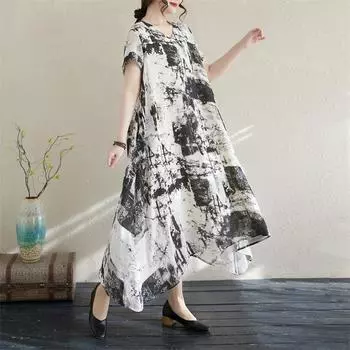 DIMANAF 2025 Летнее женское платье больших размеров с принтом Платье Базовое винтажное повседневное свободное льняное макси с V-образным вырезом M чёрный