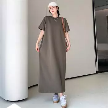 DIMANAF 2025 Летнее женское платье больших размеров из винтажного базового хлопкового однотонного свободного покроя, длинное платье свободного покроя, новое L чёрный