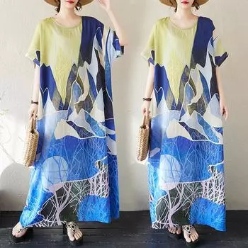 DIMANAF 2025 Летнее женское платье больших размеров, базовое повседневное платье, свободное винтажное принтованное длинное пляжное платье с коротким рукавом One Size синий