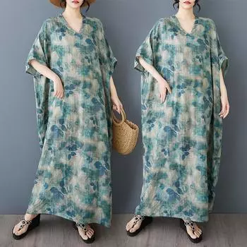 DIMANAF 2025 Летнее женское платье больших размеров, базовое повседневное платье, свободное винтажное цветочное длинное пляжное платье с принтом One Size синий