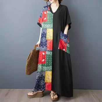DIMANAF 2025 Летнее женское платье больших размеров, базовое повседневное платье, свободное винтажное принтованное длинное пляжное платье с коротким рукавом One Size чёрный